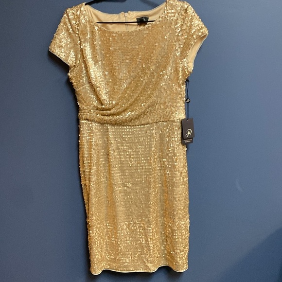 NWT ADRIANNA PAPELL WO SIZE 10 SHORT SLEEVE MIDI GOLD SEQUIN COCKTAIL DRESS - Picture 6 of 13